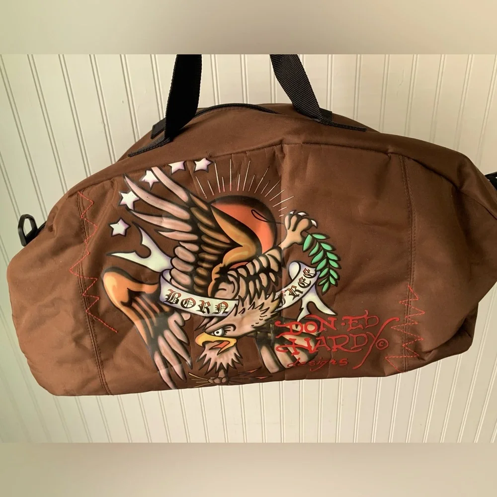 Ed Hardy Vintage Duffel Bag Brown with Colorful Design (Men or Women) - Picture 1 of 9